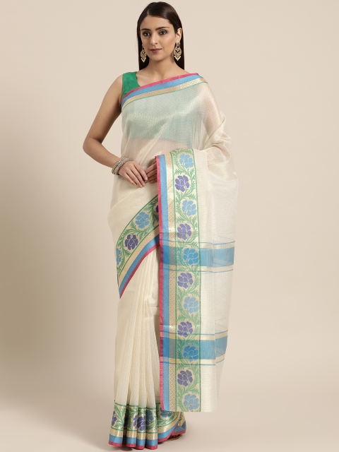 

BANARASI SILK WORKS Off-White & Golden Checked Banarasi Saree