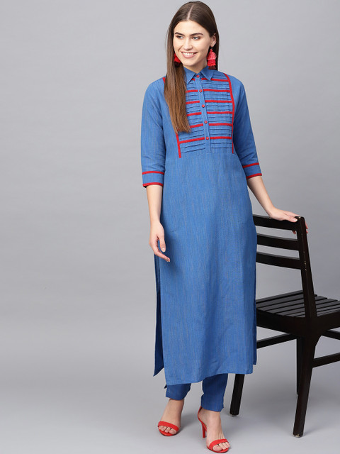 

Tulsattva Women Blue Yoke Design Kurta with Trousers