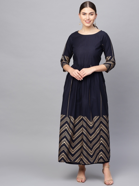 

Tulsattva Women Navy Blue & Golden Printed Kurta & Palazzos