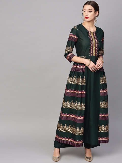

Tulsattva Women Green & Golden Printed Kurta with Palazzos