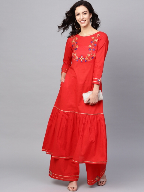 

Tulsattva Women Red Yoke Design Kurta with Palazzos