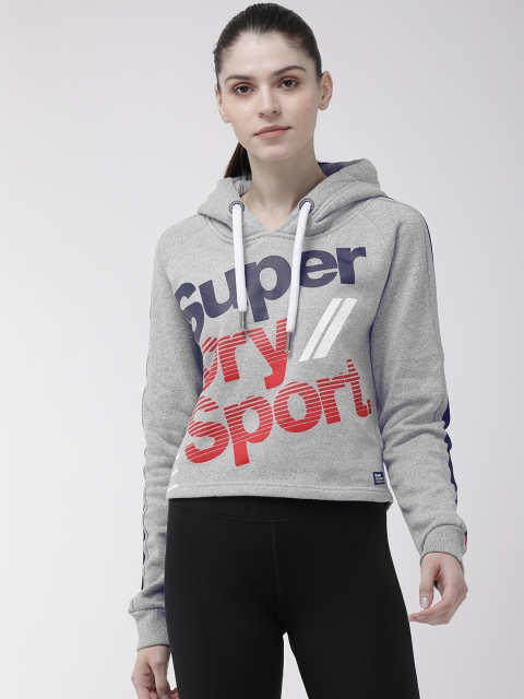 

Superdry Sport Women Grey Melange Printed DIAGONAL SPEED SPORT Hooded Sweatshirt