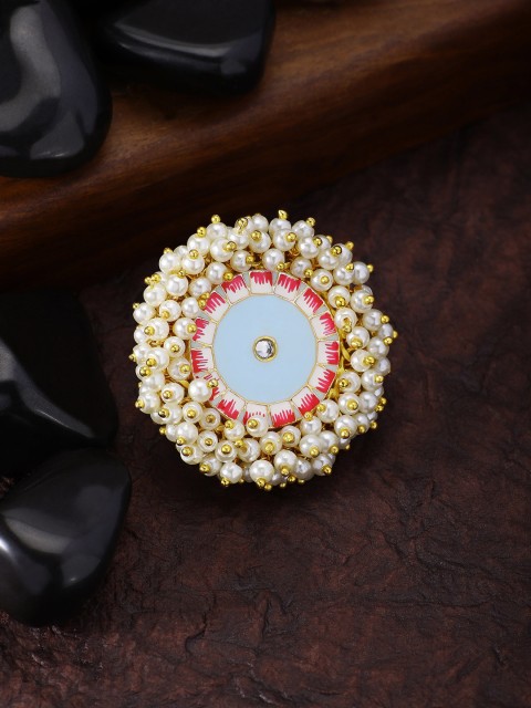 

Peora Women Gold-Plated White & Grey Enamel Meenakari Pearl Beads Finger Ring