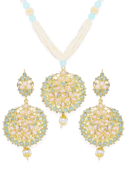 

Peora Women 18K Gold Plated Blue & Pink Kundan Pearl Jewellery Set