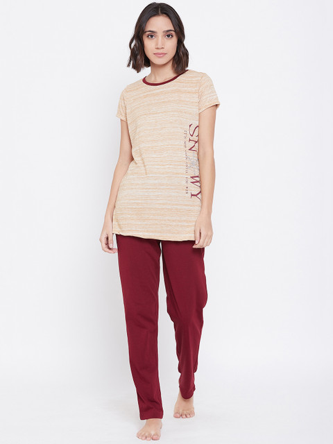 

Sweet Dreams Women Beige & Maroon Solid Night Suit