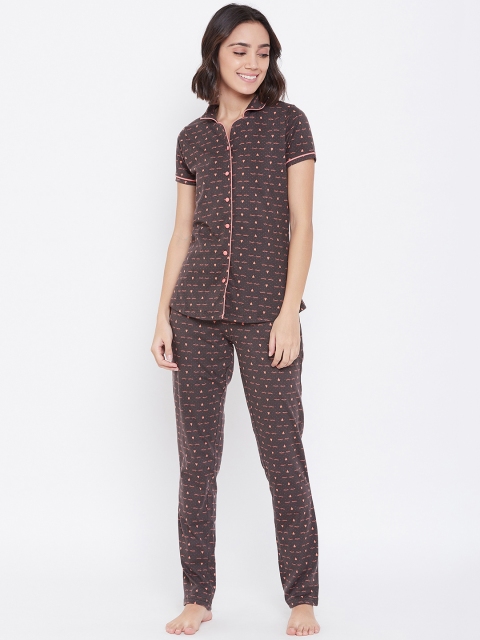 

Sweet Dreams Women Brown & Coral Pink Heart Print Pure Cotton Night Suit