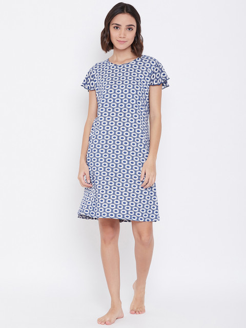 

Sweet Dreams Women Blue & White Printed Above Knee Length Sleep Shirt