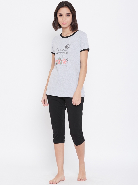 

Sweet Dreams Women Grey Melange & Black Pure Cotton Printed Night Suit