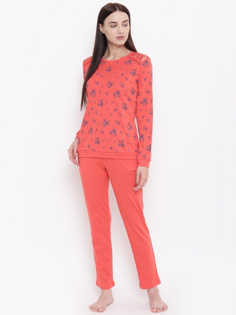 

Sweet Dreams Women Coral Orange & Navy Blue Printed Night Suit