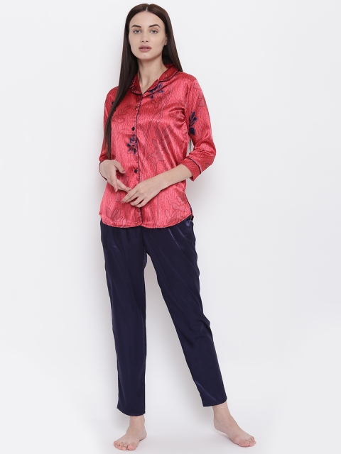 

Sweet Dreams Women Red & Navy Blue Printed Night Suit With Satin Finish