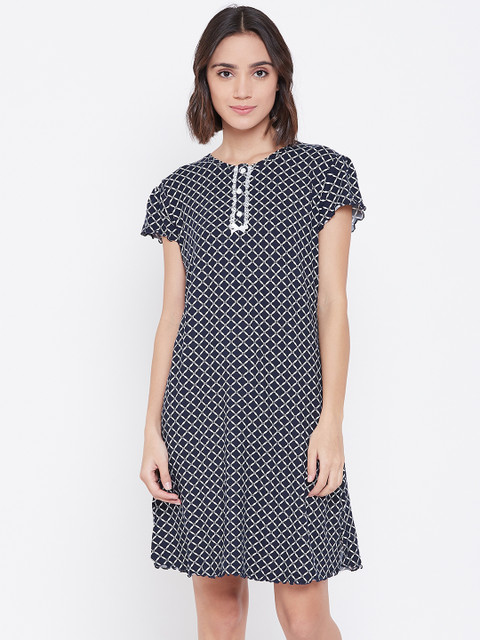 

Sweet Dreams Navy Blue & White Printed Nightdress