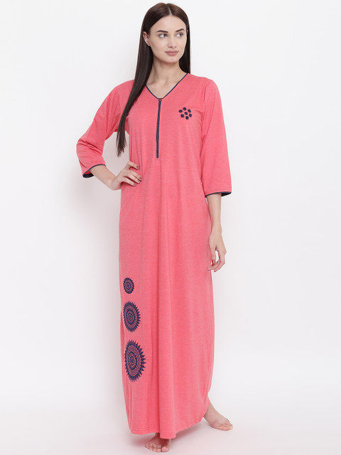 

Sweet Dreams Coral Pink Solid Maxi Nightdress With Embroidery