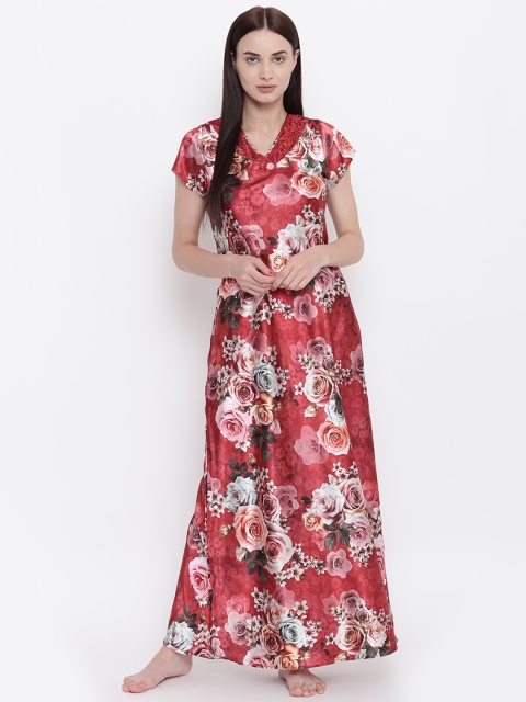 

Sweet Dreams Women Maroon & Off-White Floral Print Satin Finish Maxi Nightdress