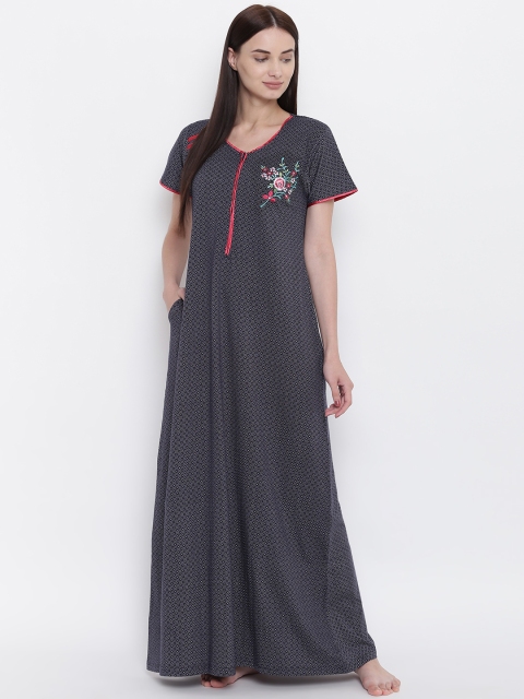 

Sweet Dreams Navy Blue & White Printed Maxi Nightdress, Black