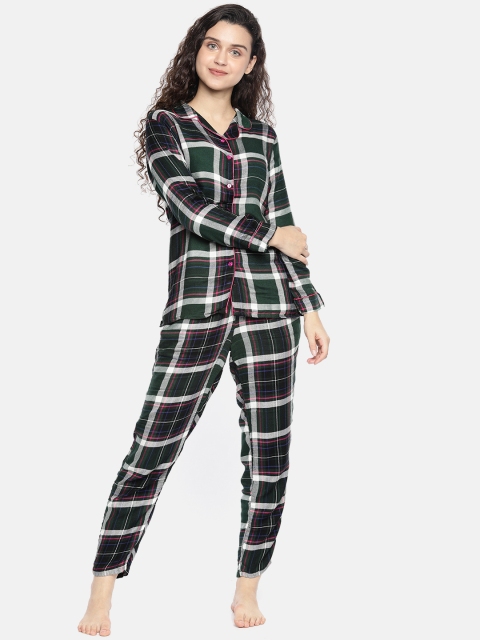 

Sweet Dreams Women Dark Green & White Pure Cotton Checked Night Suit