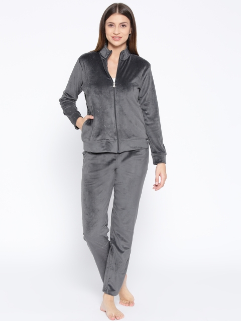 

Sweet Dreams Women Charcoal Grey Solid Shimmer Velvet Finish Night Suit