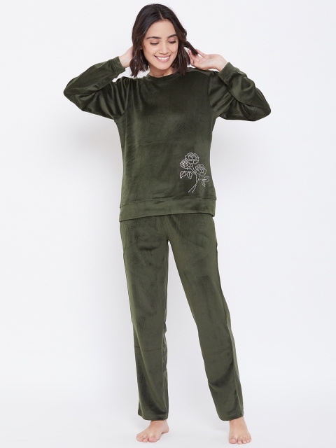 

Sweet Dreams Women Olive Green Solid Velvet Finish Night Suit