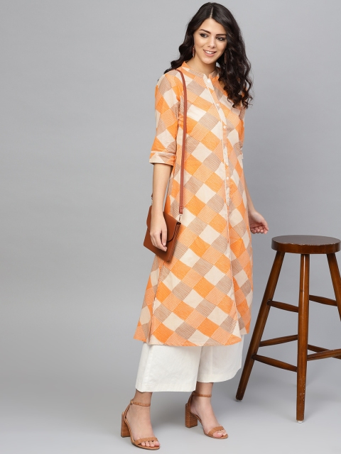 

Yuris Women Orange & Cream-Coloured Checked A-Line Kurta