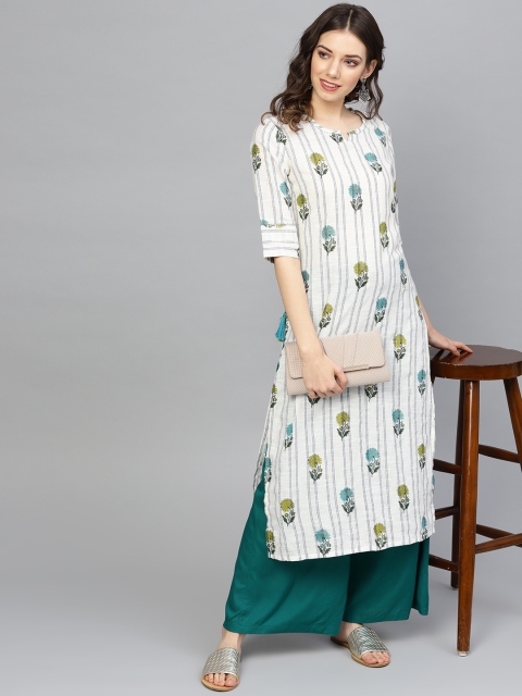 

Yuris Women White & Blue Printed Straight Kurta