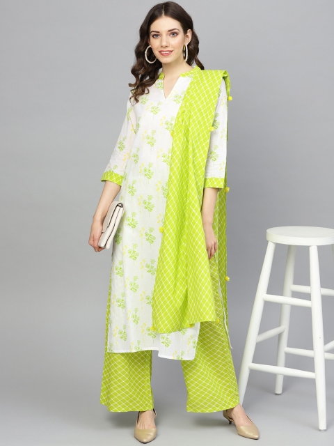 

Yuris Women White & Lime Green Printed Kurta with Palazzos & Dupatta