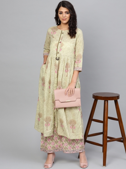 

Yuris Women Green & Pink Printed A-Line Kurta