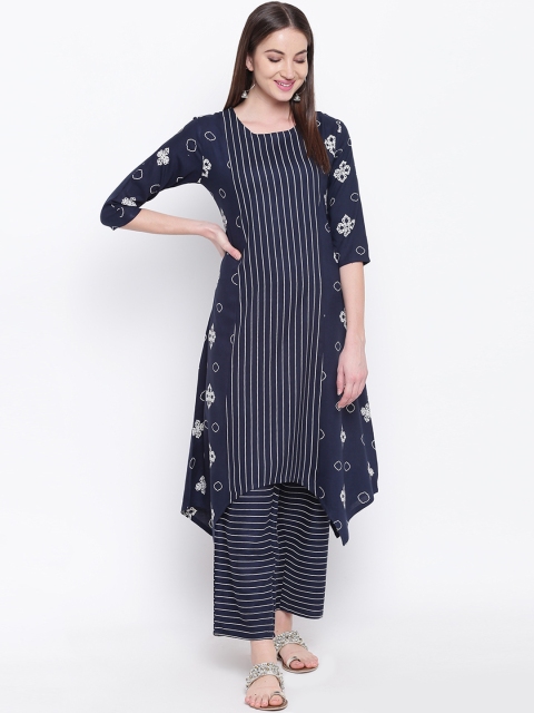

Khushal K Women Blue & White Slim Fit Striped Kurta with Palazzos