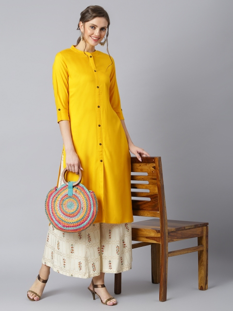 Women Yellow & Cream-Coloured Slim Fit Solid Kurta with Palazzos