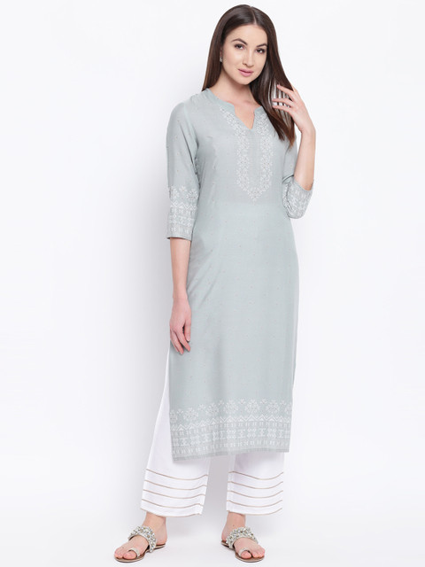 

Khushal K Women Grey & White Slim Fit Printed Kurta with Palazzos