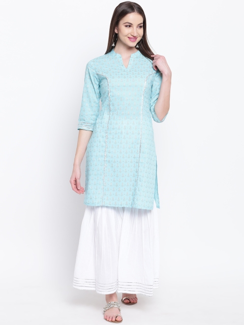 

Khushal K Women Turquoise Blue & White Printed Kurta with Sharara