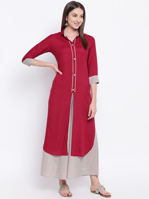 

Khushal K Women Maroon & Grey Slim Fit Solid Kurta with Palazzos