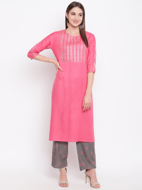 

Khushal K Women Pink & Grey Slim Fit Yoke Design Kurta with Palazzos