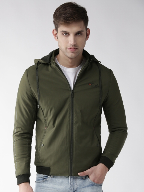 

Fort Collins Men Olive Green Solid Hooded Bomber Jacket