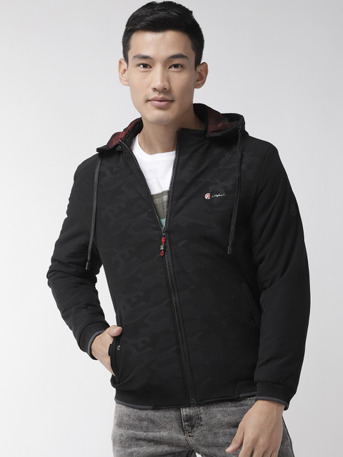 

Fort Collins Men Black Camouflage Print Bomber Jacket with Detachable Hood