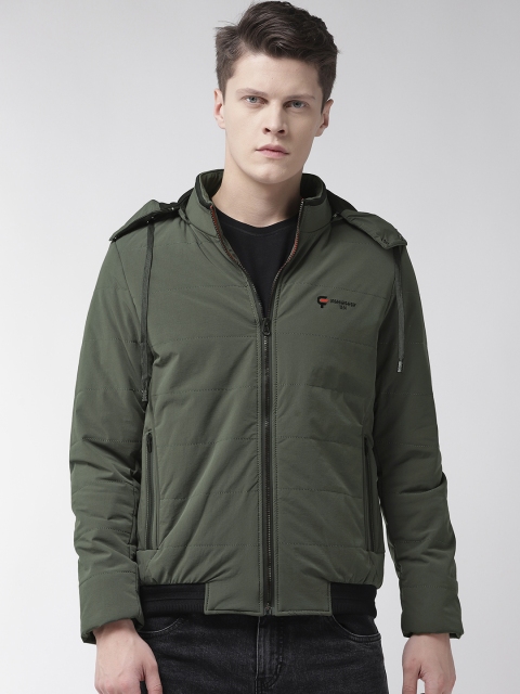 

Fort Collins Men Olive Green Solid Bomber Jacket with Detachable Hood