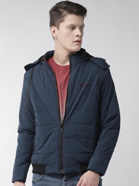 

Fort Collins Men Navy Blue Solid Padded Jacket with Detachable Hood