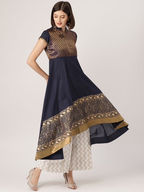 

MBE Women Navy Blue & Golden Yoke Design Empire Kurta with Printed Hem