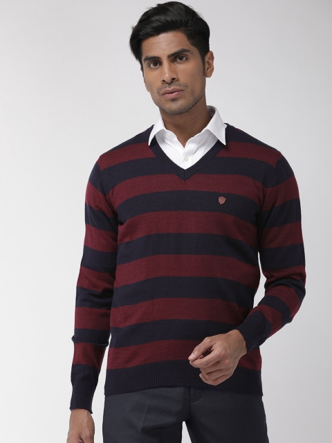 

Raymond Men Navy Blue & Maroon Striped Pullover Sweater