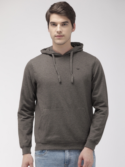 Men Charcoal Grey Solid Slim Fit Hooded Sweatshirt