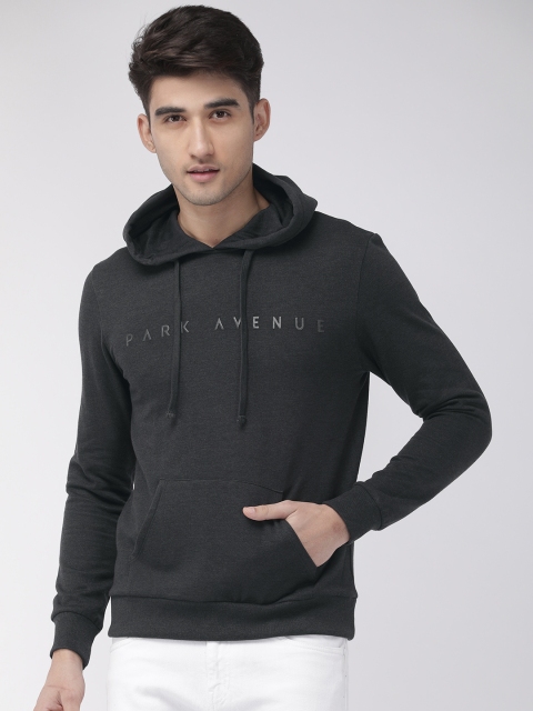 Men Charcoal Grey Solid Hooded Sweatshirt With Applique Detailing
