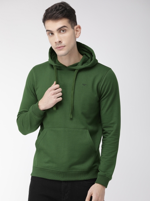 Men Green Solid Hooded Pullover Sweatshirt
