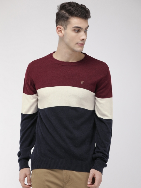 

Raymond Men Maroon & Navy Blue Colourblocked Pullover Sweater