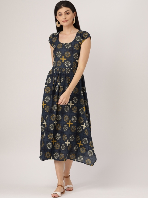 

MBE Women Navy Blue & Mustard Yellow Printed A-Line Dress