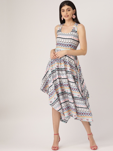 

MBE Women White & Black Printed Midi Fit & Flare Dress