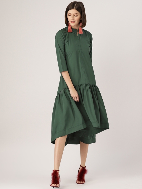 

MBE Women Green Solid Midi A-Line Dress