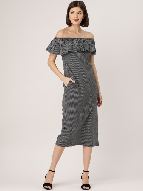

MBE Women Black & White Striped Midi Sheath Dress