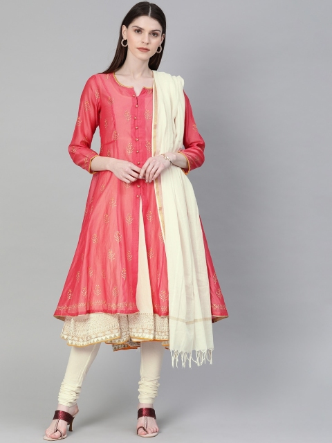 

Biba Women Pink & White Printed Kurta with Churidar & Dupatta