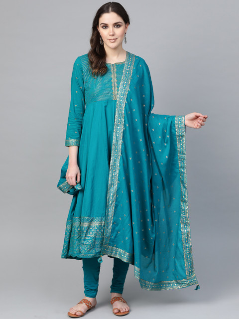 

Biba Women Blue & Golden Yoke Design Empire Anarkali Kurta with Leggings & Dupatta