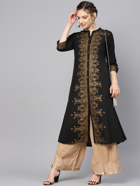 

Varanga Women Black & Golden Foil Printed A-Line Kurta
