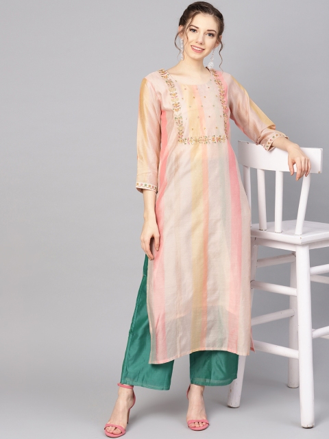 

Varanga Women Pink & Beige Striped Straight Kurta