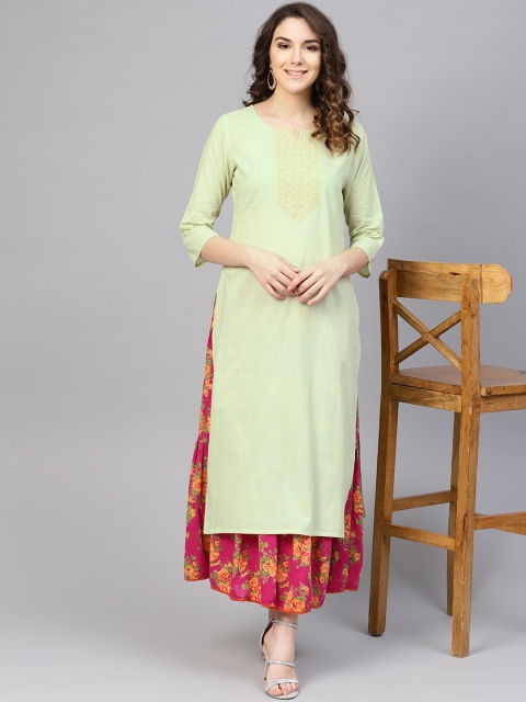 

Varanga Women Green & Pink Yoke Design Kurta with Skirt